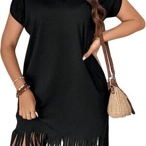 Plus Size Dress Women's Casual Fringe Hem Short Sleeve Round Neck Polyester